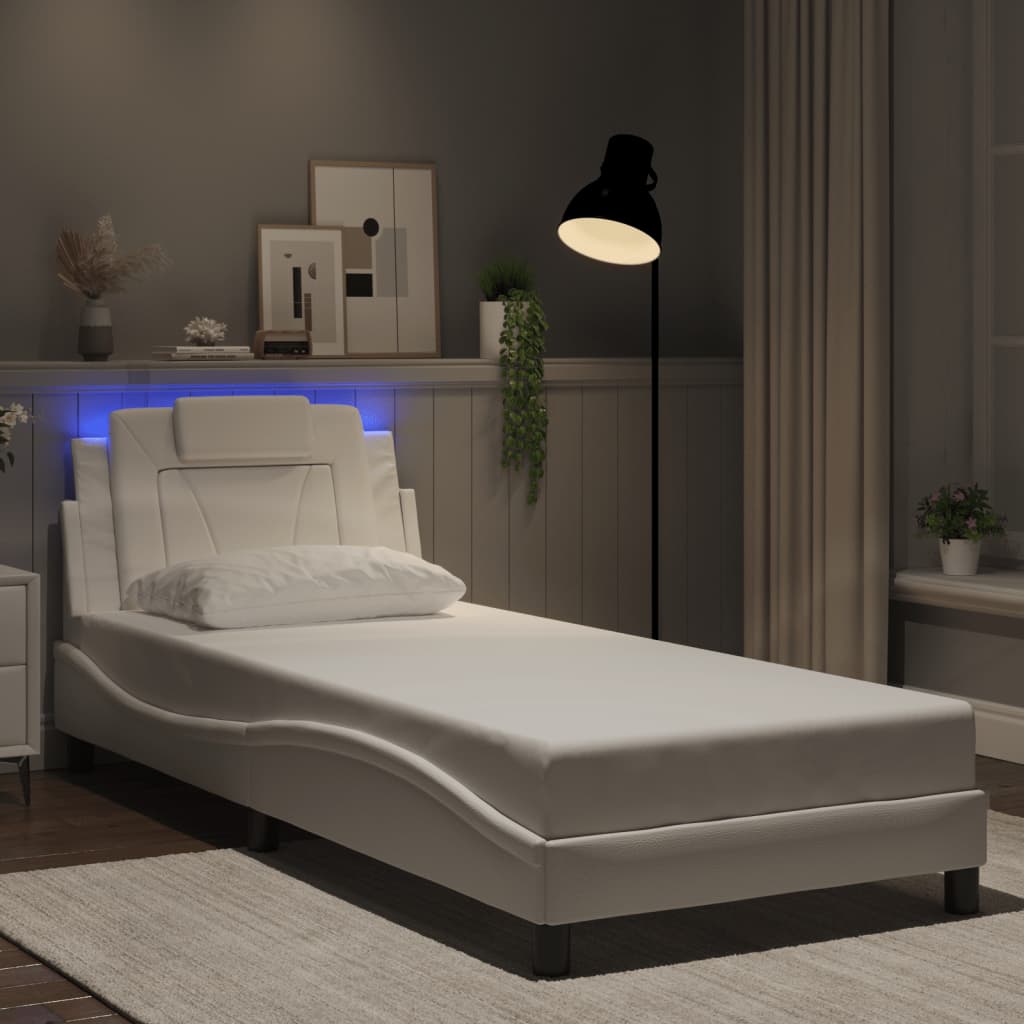 Cadru De Pat Cu Lumini Led Alb/Negru Piele Ecologică