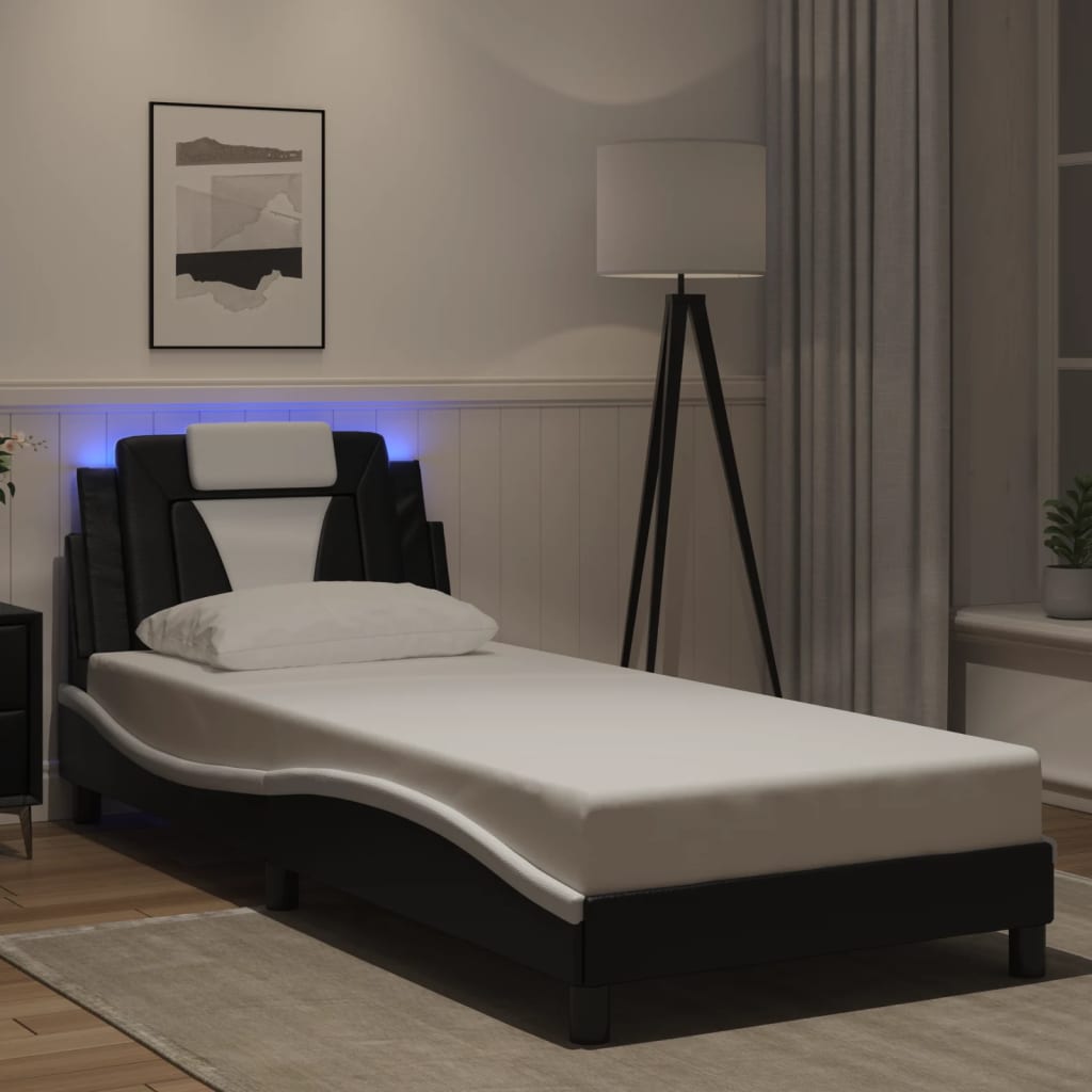 Cadru De Pat Cu Lumini Led Alb/Negru Piele Ecologică