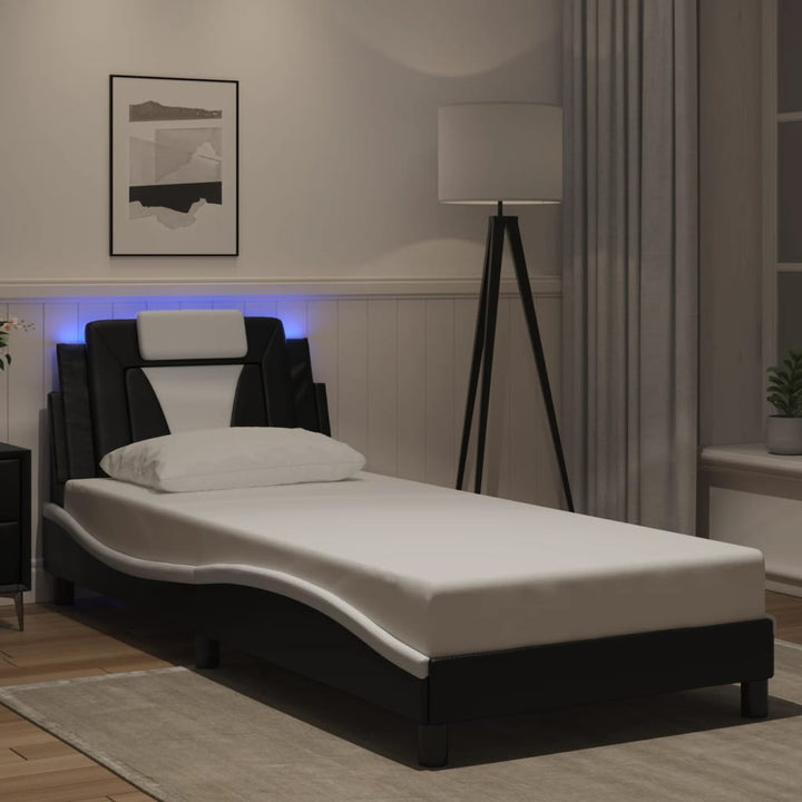 Cadru De Pat Cu Lumini Led Alb/Negru Piele Ecologică