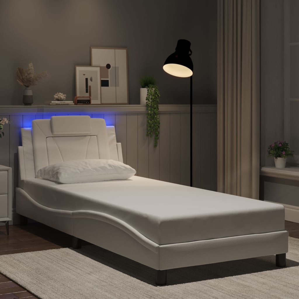 Cadru De Pat Cu Lumini Led Alb/Negru Piele Ecologică