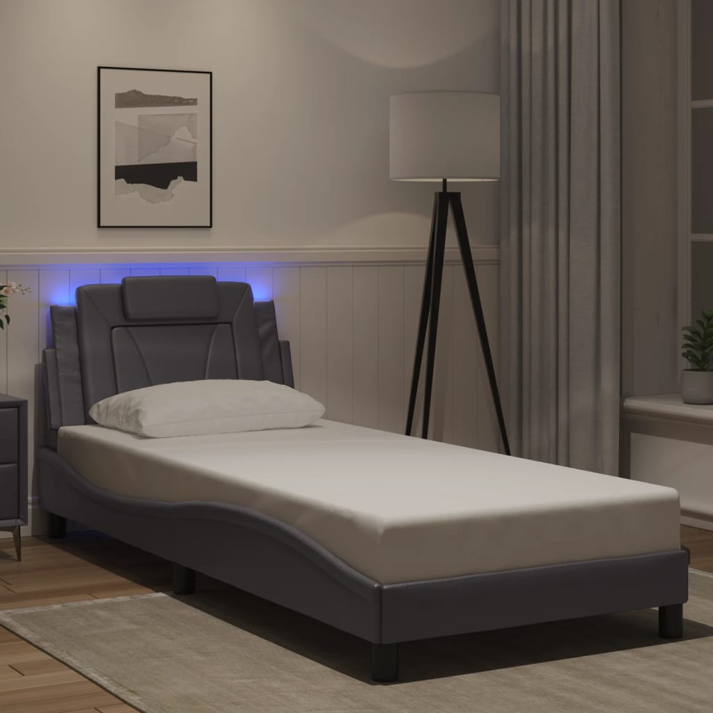 Cadru De Pat Cu Lumini Led Alb/Negru Piele Ecologică