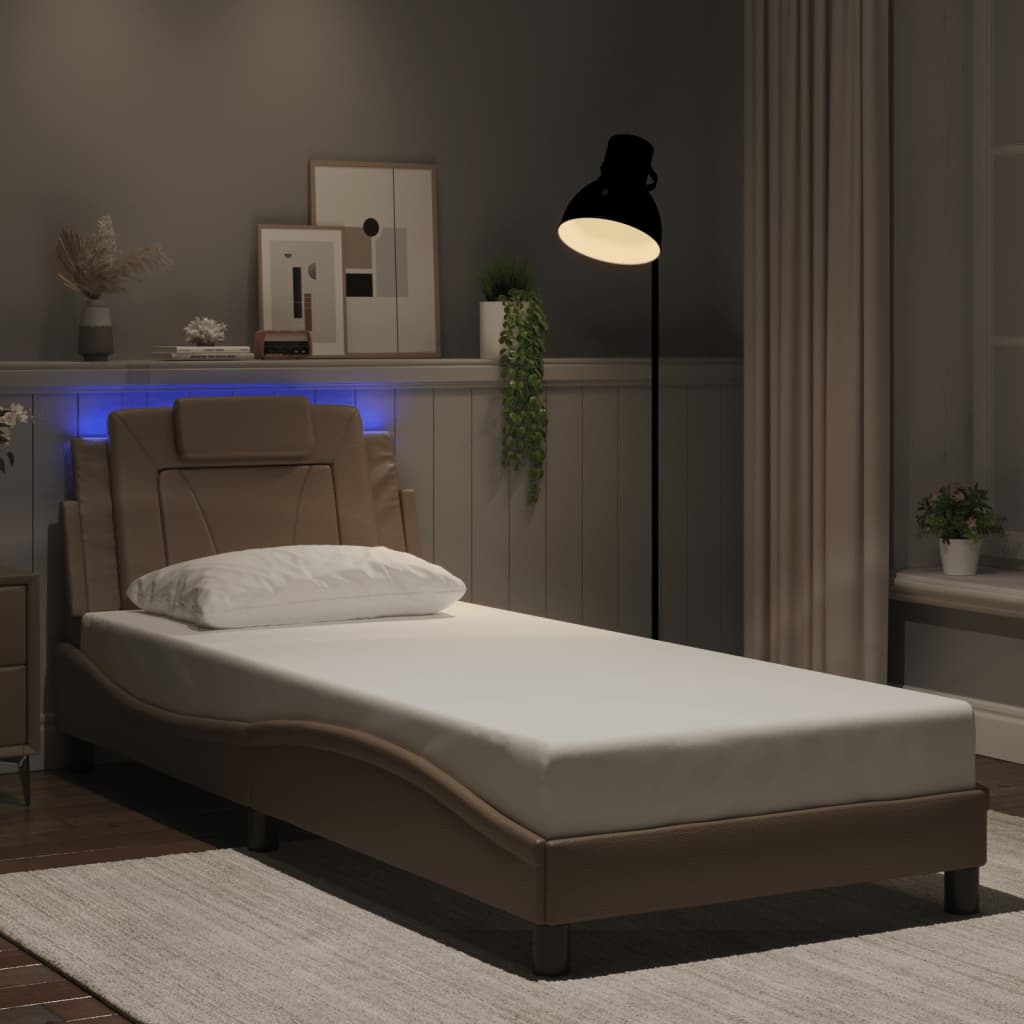 Cadru De Pat Cu Lumini Led Alb/Negru Piele Ecologică