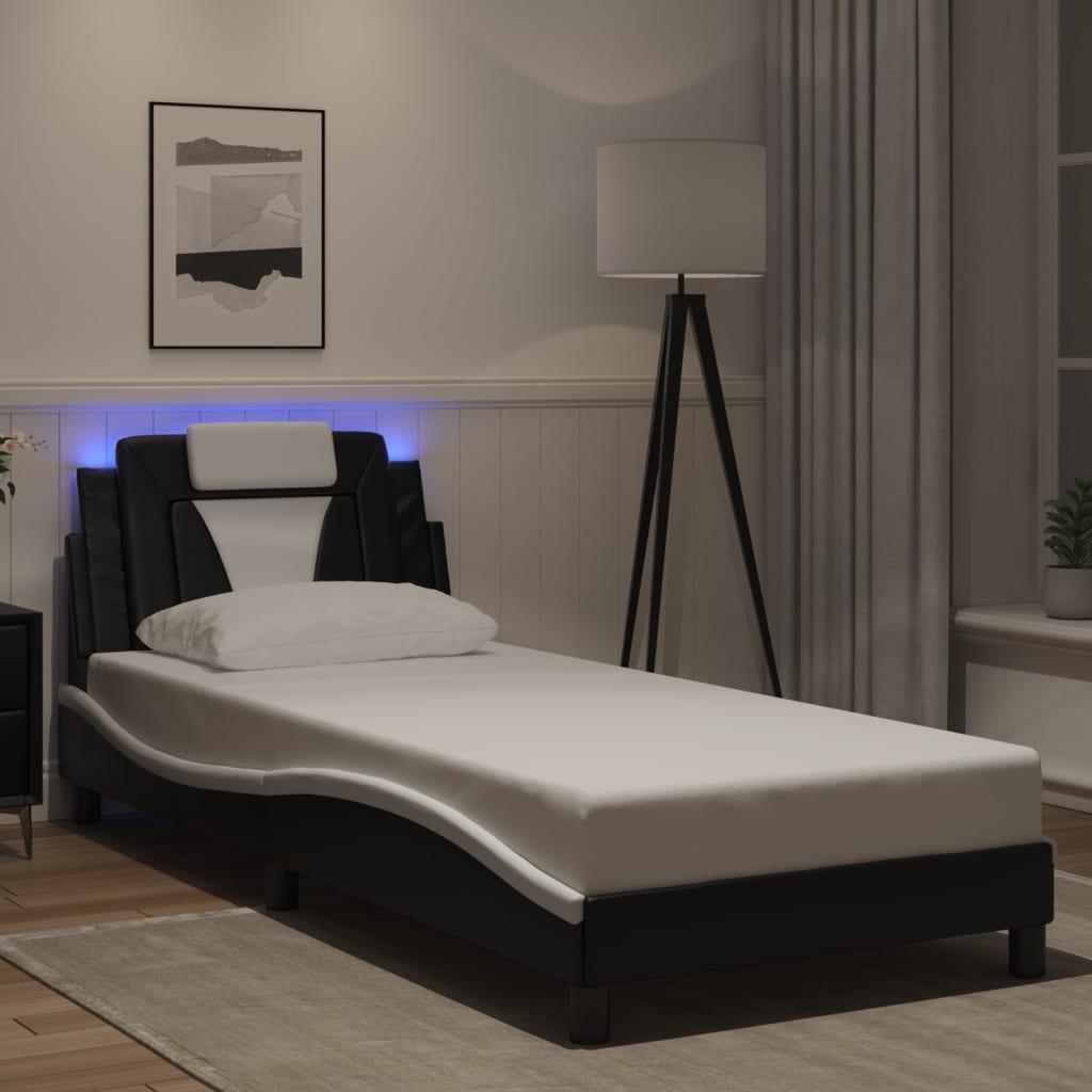 Cadru De Pat Cu Lumini Led Alb/Negru Piele Ecologică