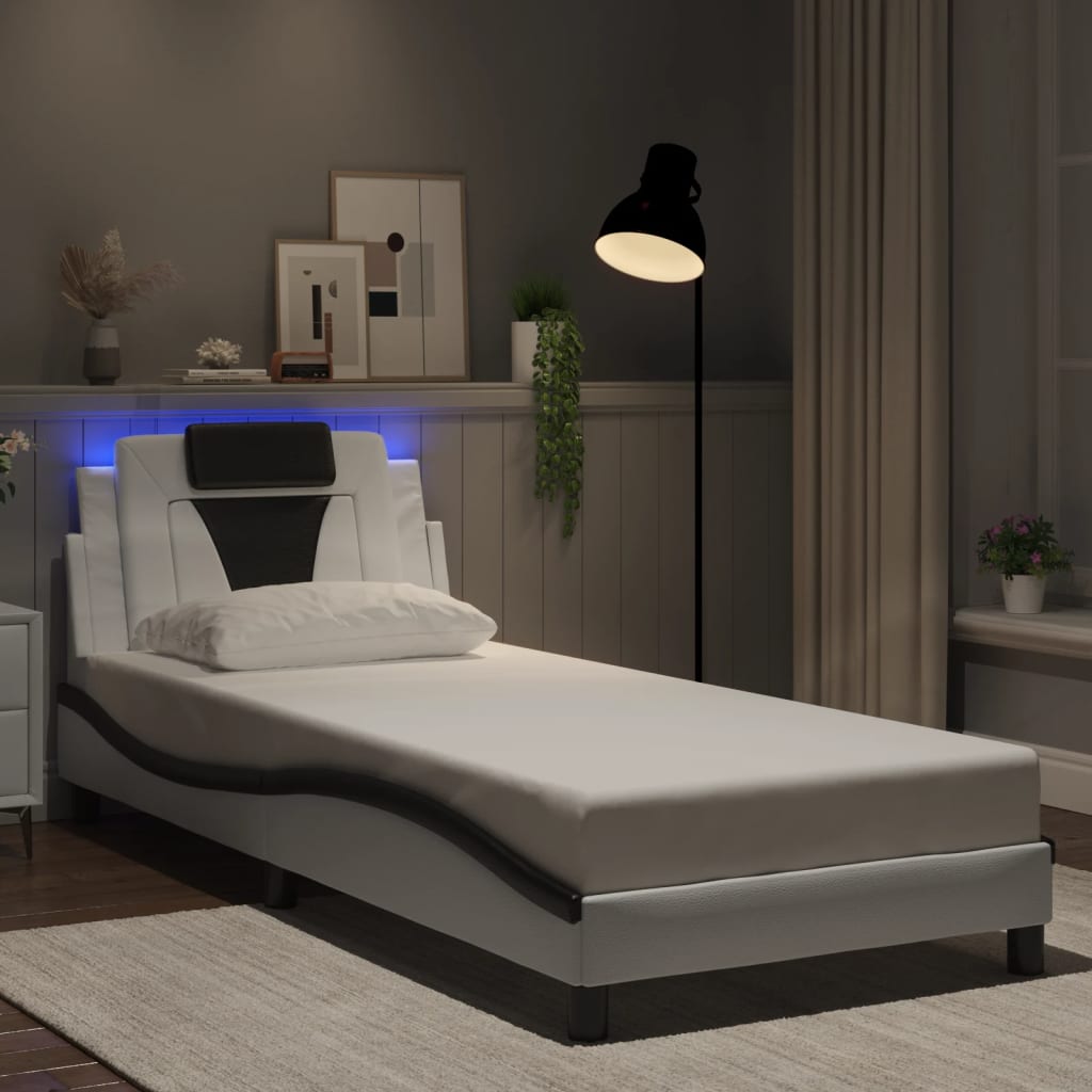 Cadru De Pat Cu Lumini Led Alb/Negru Piele Ecologică