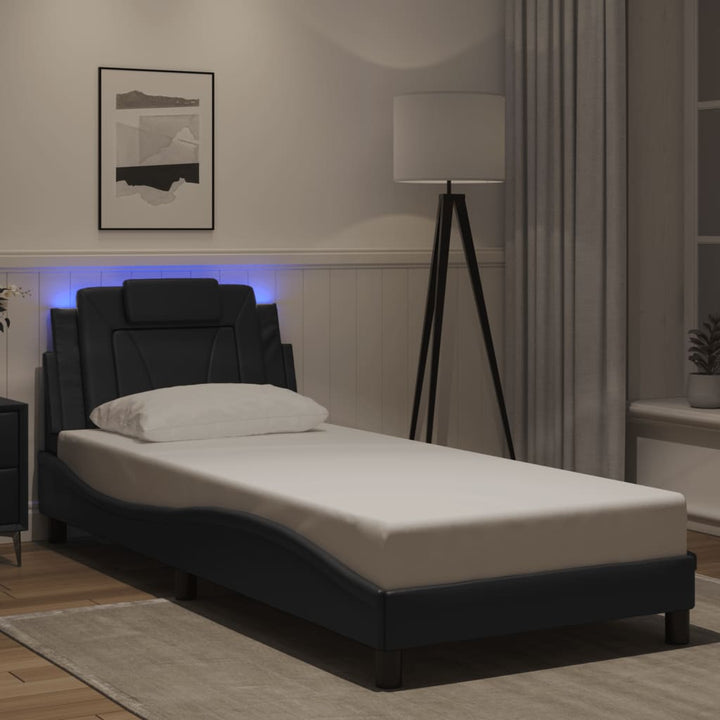 Cadru De Pat Cu Lumini Led Alb/Negru Piele Ecologică