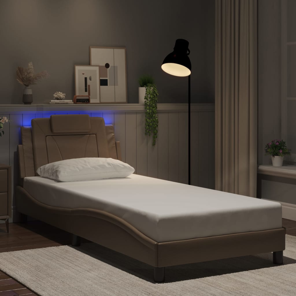 Cadru De Pat Cu Lumini Led Alb/Negru Piele Ecologică