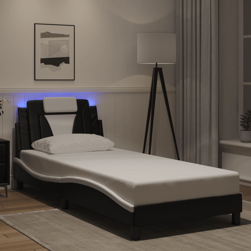Cadru De Pat Cu Lumini Led Alb/Negru Piele Ecologică