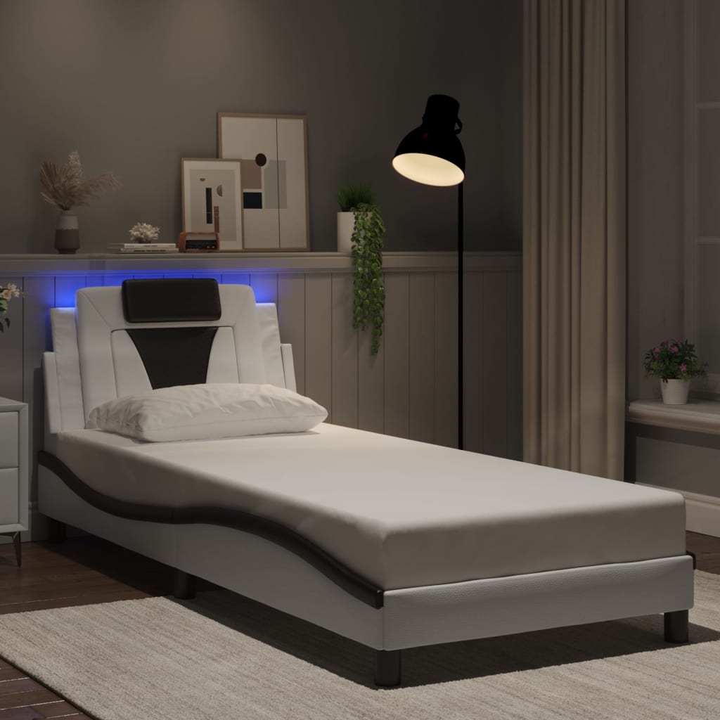 Cadru De Pat Cu Lumini Led Alb/Negru Piele Ecologică