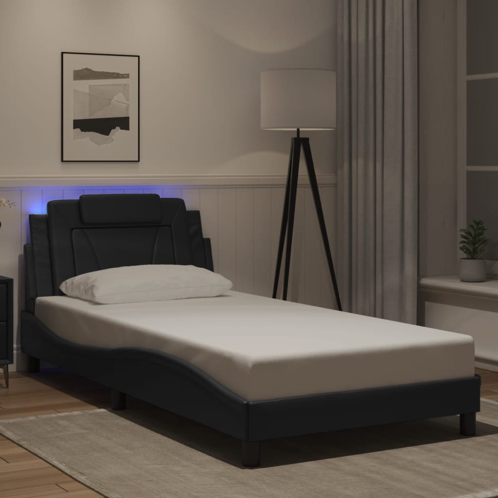 Cadru De Pat Cu Lumini Led Alb/Negru Piele Ecologică