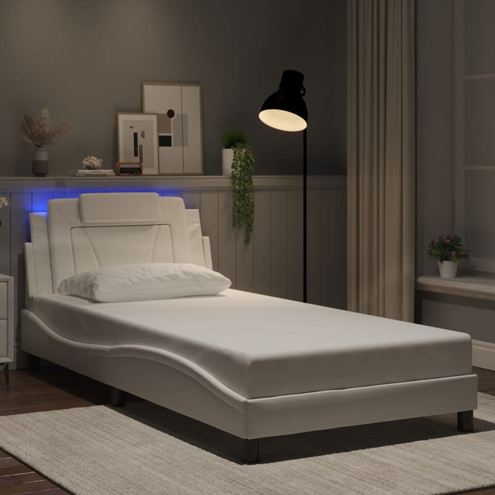 Cadru De Pat Cu Lumini Led Alb/Negru Piele Ecologică
