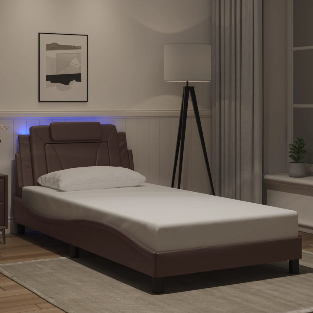 Cadru De Pat Cu Lumini Led Alb/Negru Piele Ecologică