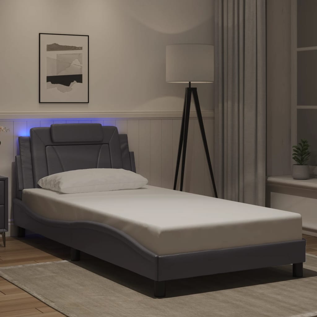 Cadru De Pat Cu Lumini Led Alb/Negru Piele Ecologică
