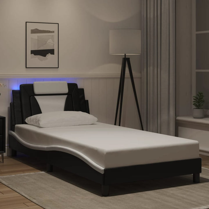 Cadru De Pat Cu Lumini Led Alb/Negru Piele Ecologică