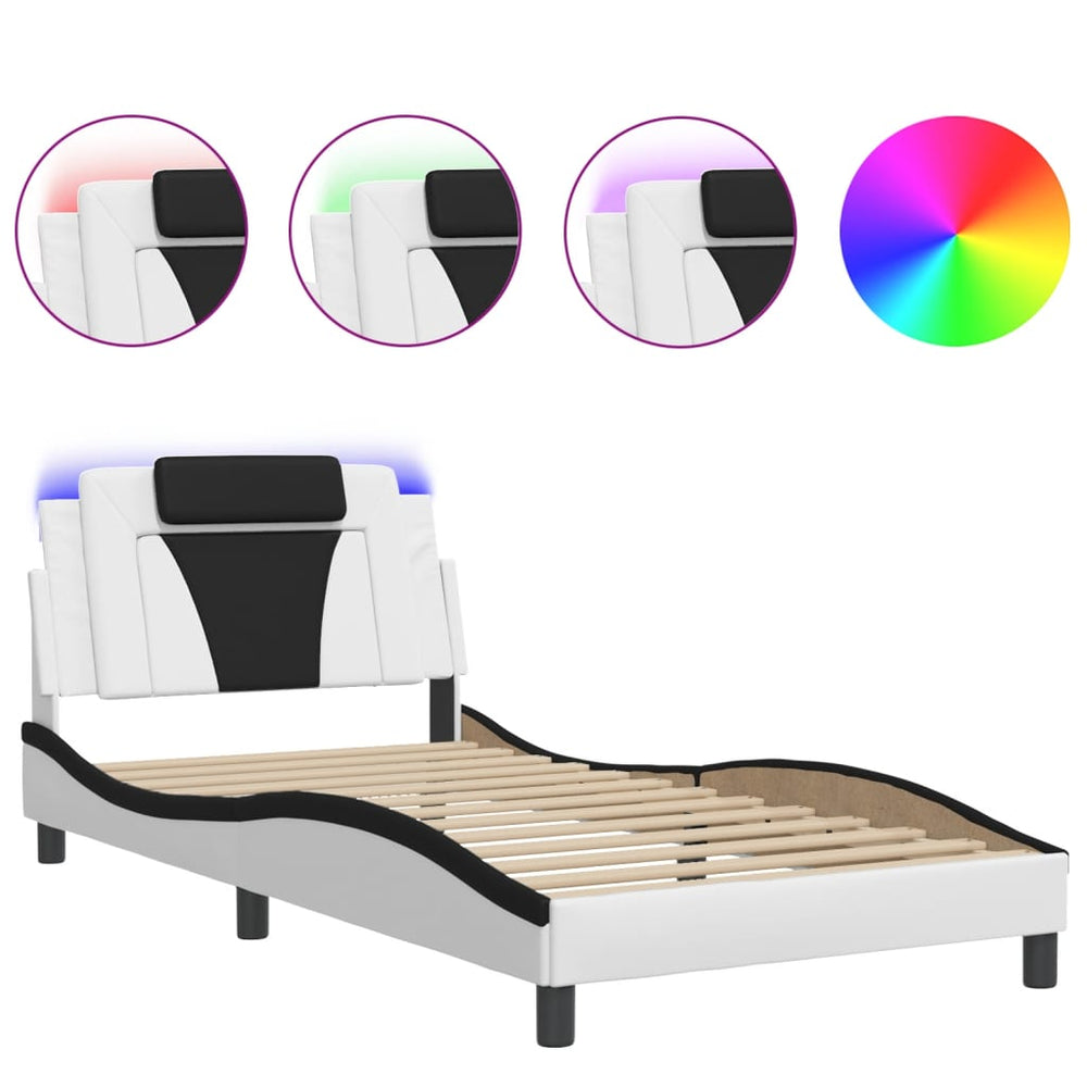 Cadru De Pat Cu Lumini Led Alb/Negru Piele Ecologică