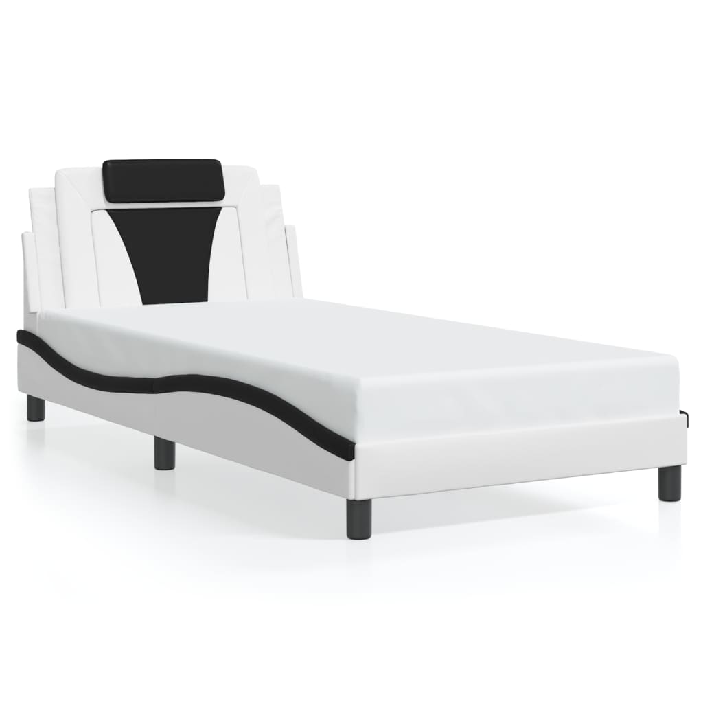 Cadru De Pat Cu Lumini Led Alb/Negru Piele Ecologică