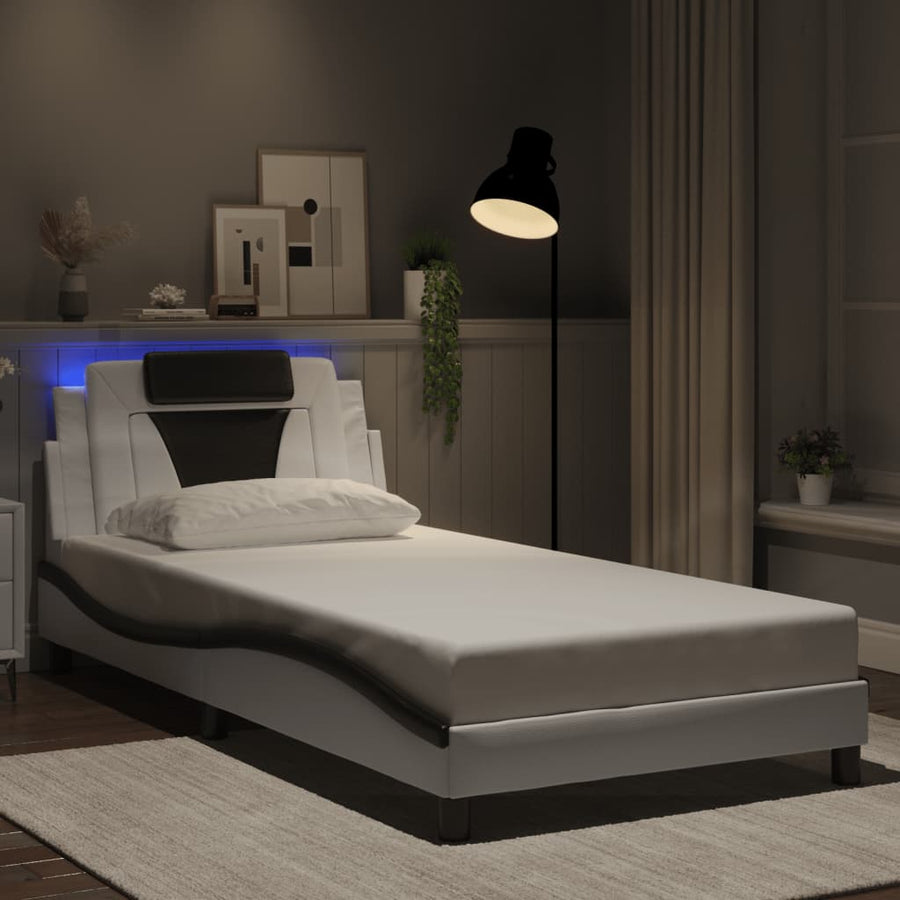 Cadru De Pat Cu Lumini Led Alb/Negru Piele Ecologică