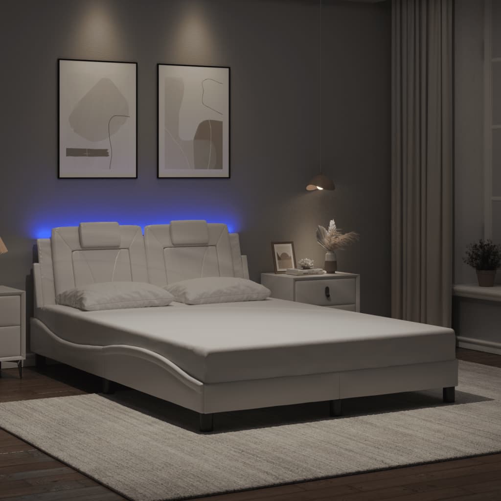 Cadru De Pat Cu Lumini Led Alb/Negru Piele Ecologică