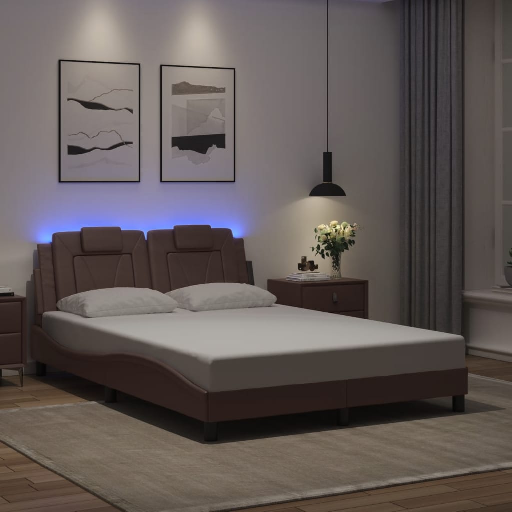 Cadru De Pat Cu Lumini Led Alb/Negru Piele Ecologică