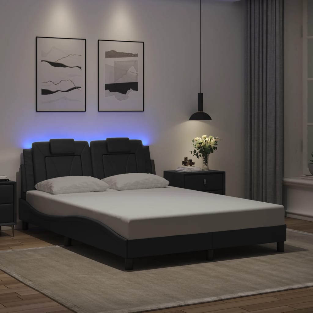 Cadru De Pat Cu Lumini Led Alb/Negru Piele Ecologică