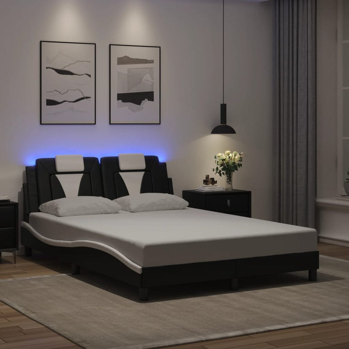 Cadru De Pat Cu Lumini Led Alb/Negru Piele Ecologică