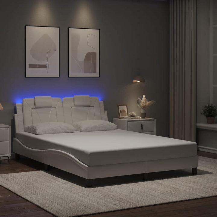 Cadru De Pat Cu Lumini Led Alb/Negru Piele Ecologică
