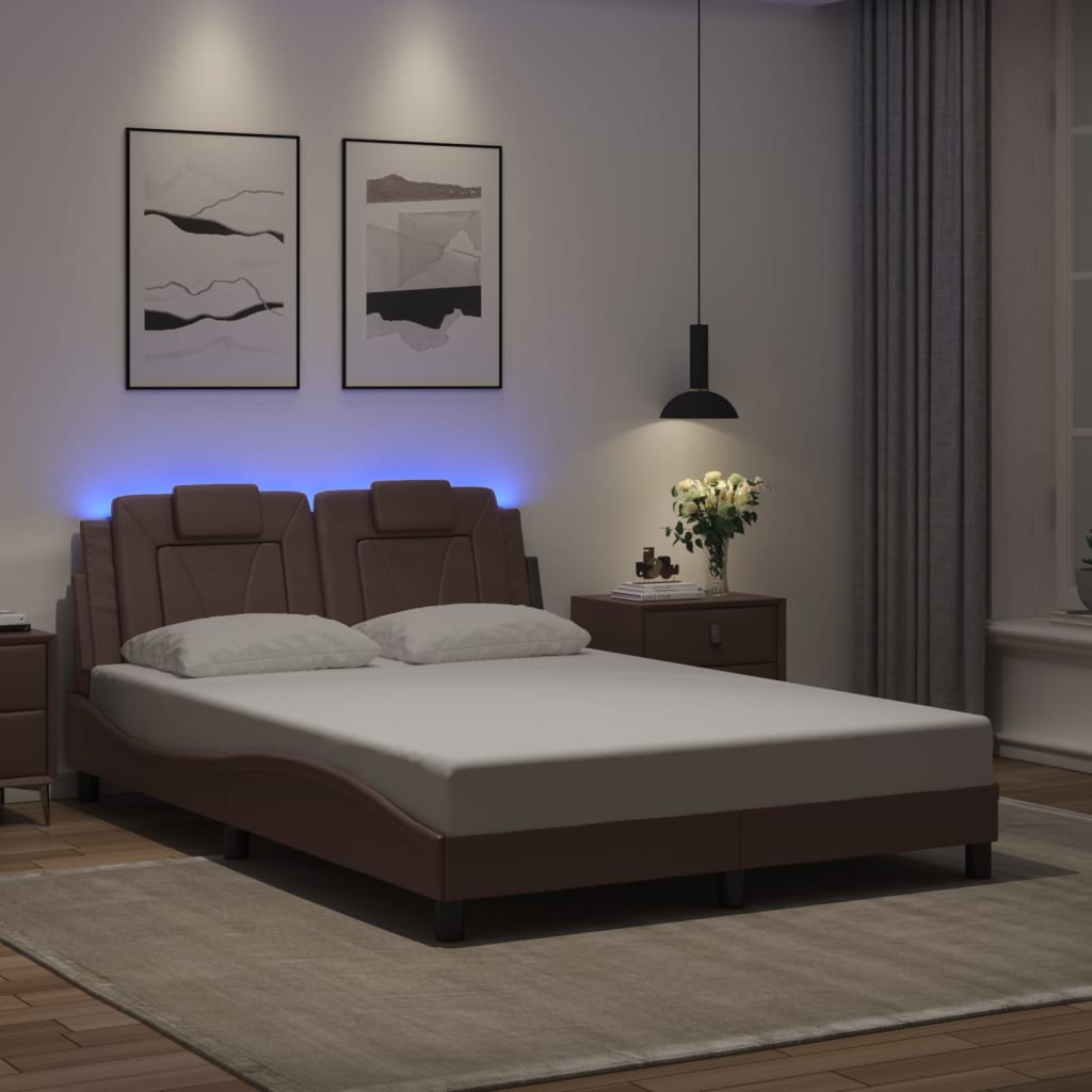 Cadru De Pat Cu Lumini Led Alb/Negru Piele Ecologică