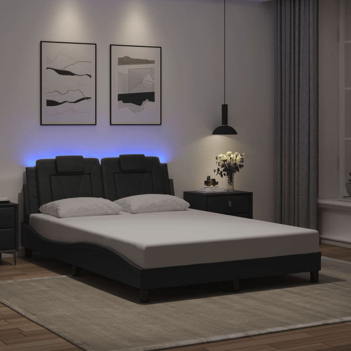 Cadru De Pat Cu Lumini Led Alb/Negru Piele Ecologică