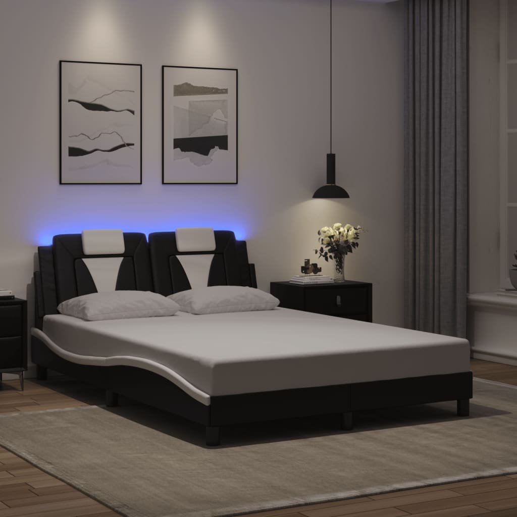 Cadru De Pat Cu Lumini Led Alb/Negru Piele Ecologică