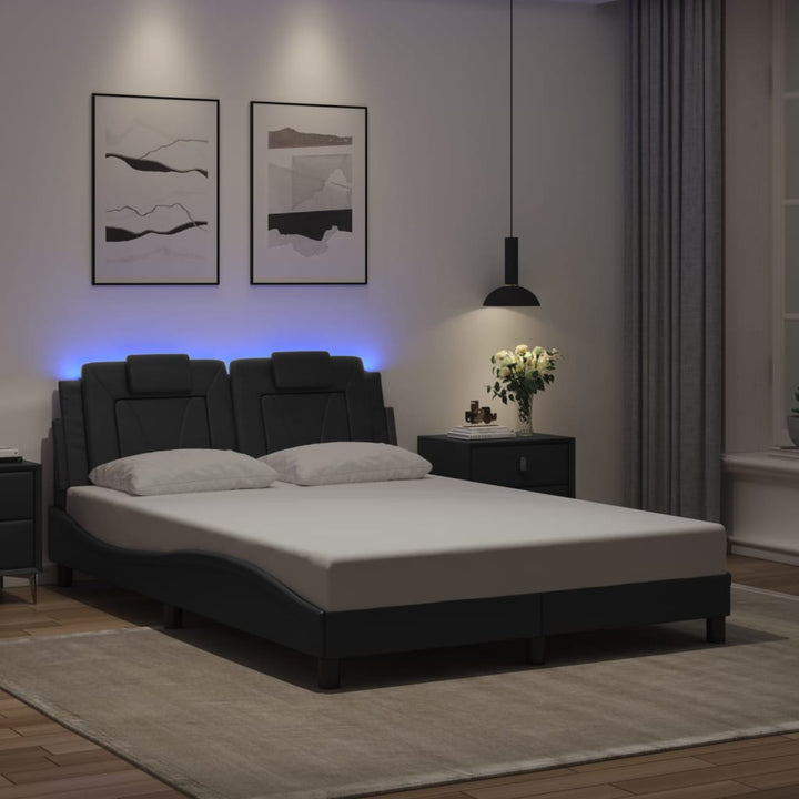 Cadru De Pat Cu Lumini Led Alb/Negru Piele Ecologică