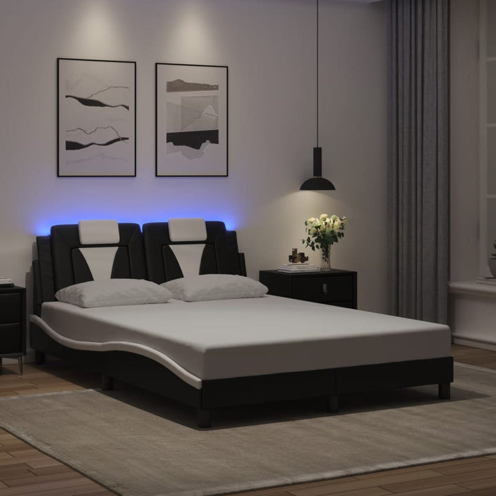 Cadru De Pat Cu Lumini Led Alb/Negru Piele Ecologică