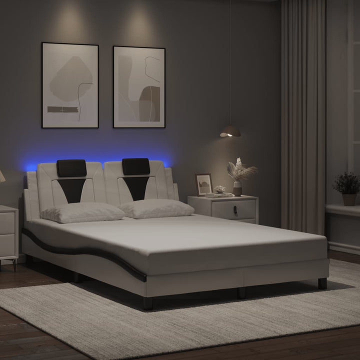 Cadru De Pat Cu Lumini Led Alb/Negru Piele Ecologică