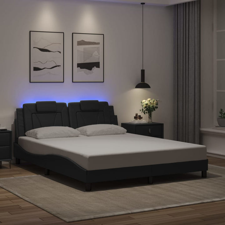 Cadru De Pat Cu Lumini Led Alb/Negru Piele Ecologică