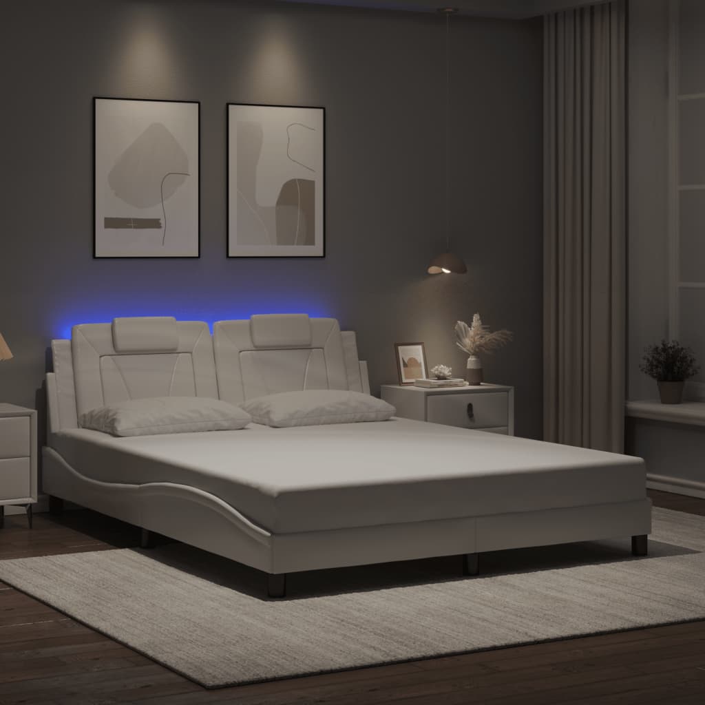 Cadru De Pat Cu Lumini Led Alb/Negru Piele Ecologică