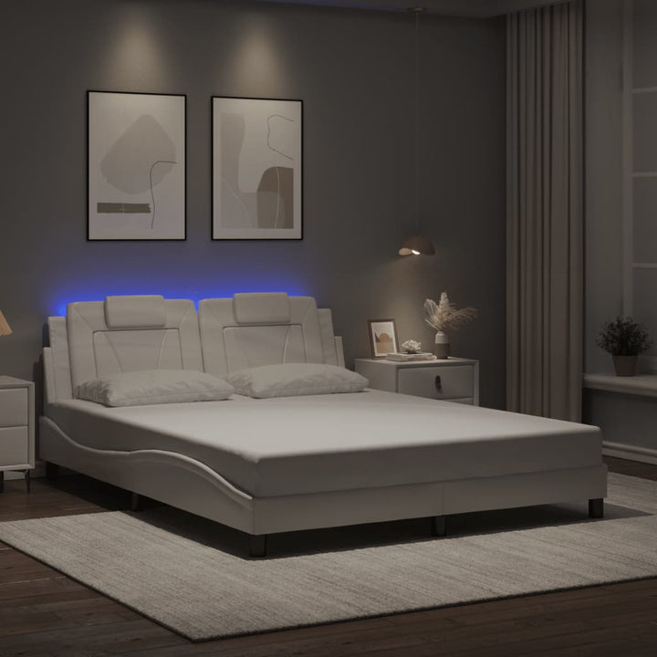 Cadru De Pat Cu Lumini Led Alb/Negru Piele Ecologică