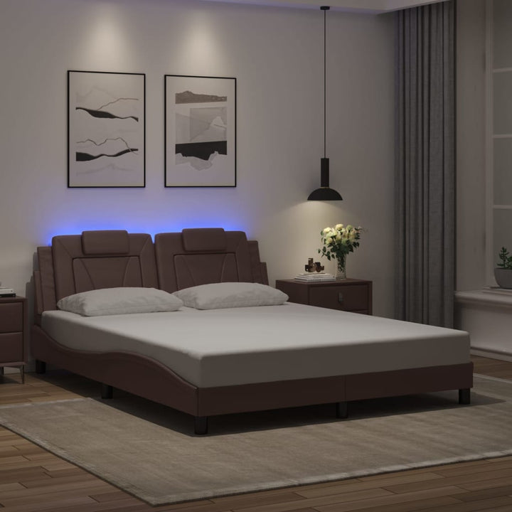 Cadru De Pat Cu Lumini Led Alb/Negru Piele Ecologică