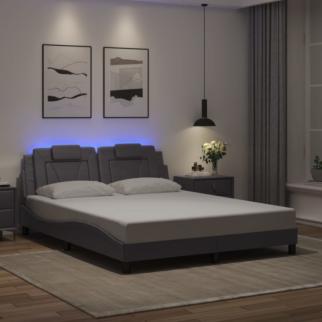 Cadru De Pat Cu Lumini Led Alb/Negru Piele Ecologică