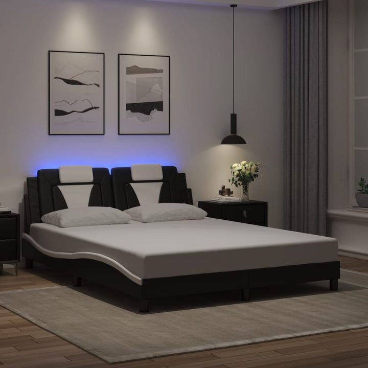 Cadru De Pat Cu Lumini Led Alb/Negru Piele Ecologică