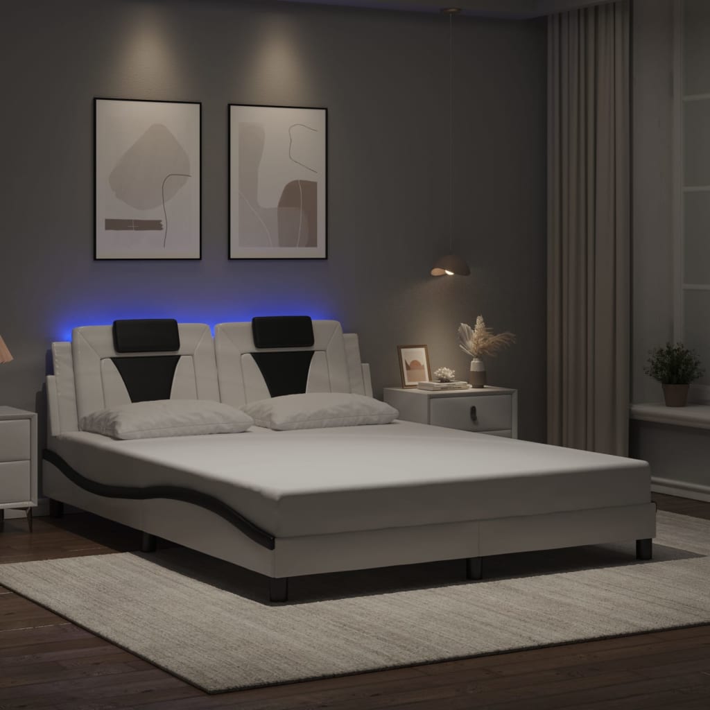 Cadru De Pat Cu Lumini Led Alb/Negru Piele Ecologică