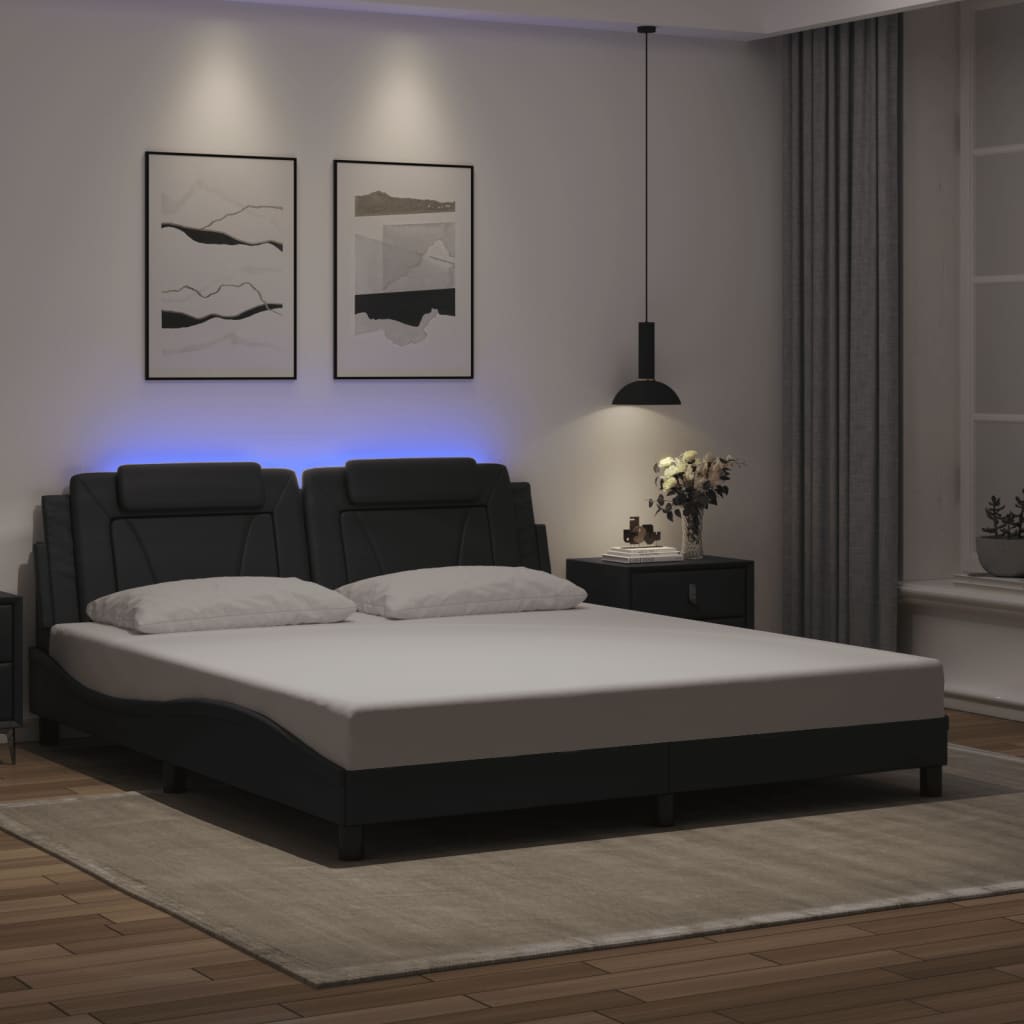 Cadru De Pat Cu Lumini Led Alb/Negru Piele Ecologică