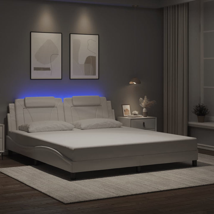 Cadru De Pat Cu Lumini Led Alb/Negru Piele Ecologică
