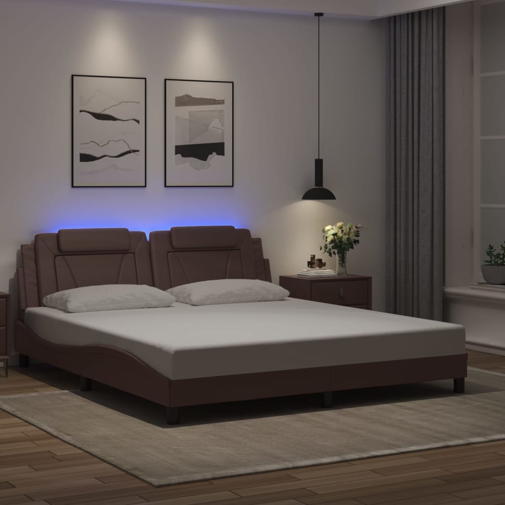 Cadru De Pat Cu Lumini Led Alb/Negru Piele Ecologică