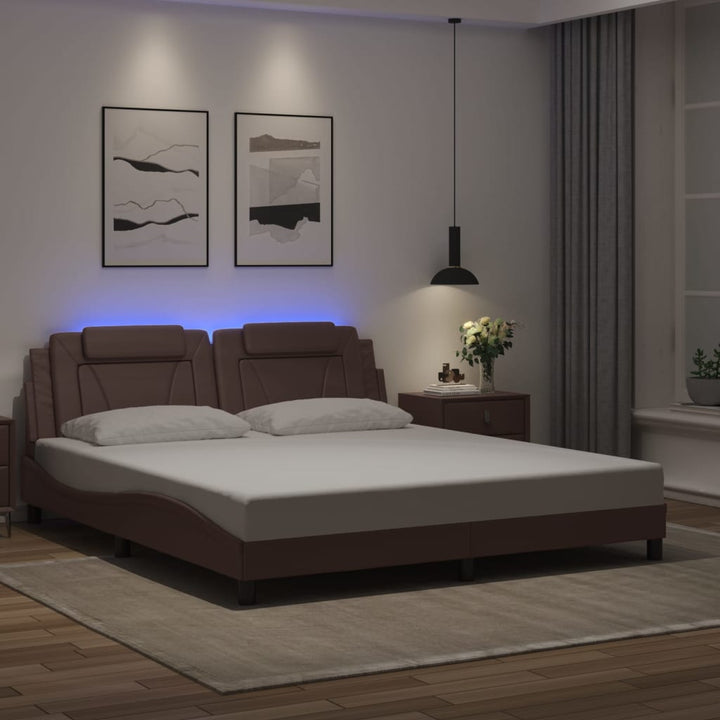 Cadru De Pat Cu Lumini Led Alb/Negru Piele Ecologică