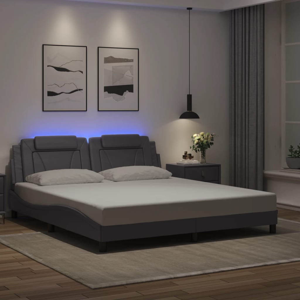 Cadru De Pat Cu Lumini Led Alb/Negru Piele Ecologică
