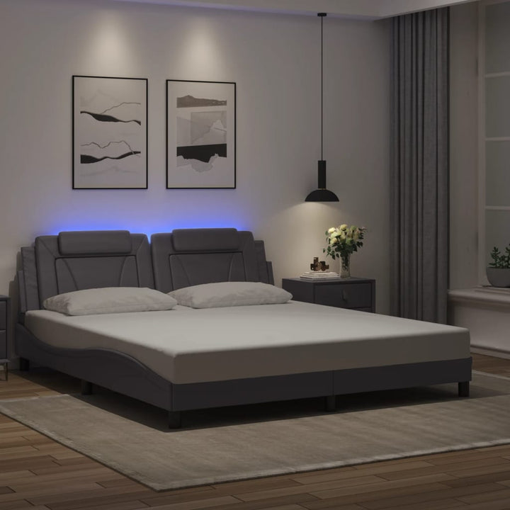 Cadru De Pat Cu Lumini Led Alb/Negru Piele Ecologică