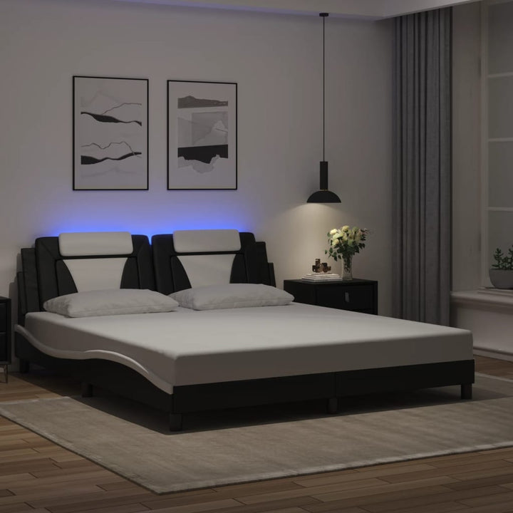 Cadru De Pat Cu Lumini Led Alb/Negru Piele Ecologică