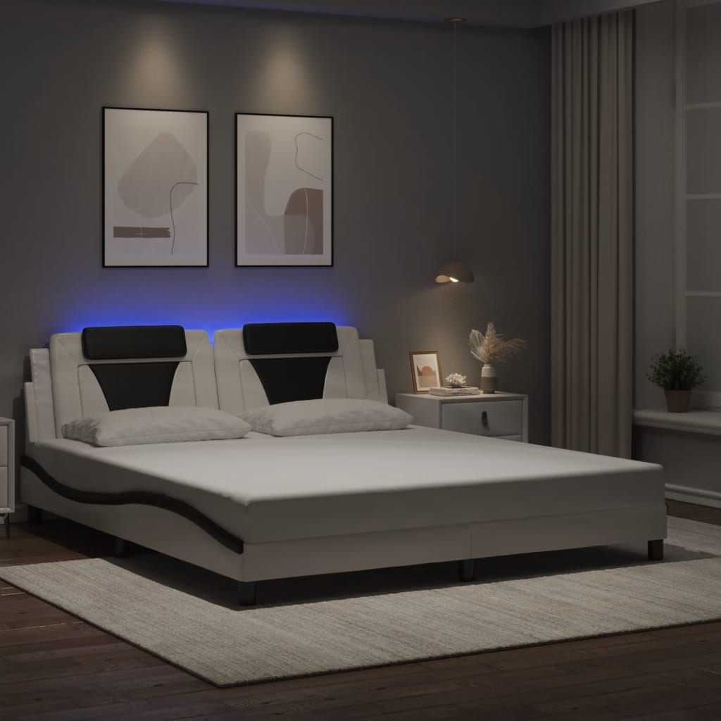 Cadru De Pat Cu Lumini Led Alb/Negru Piele Ecologică