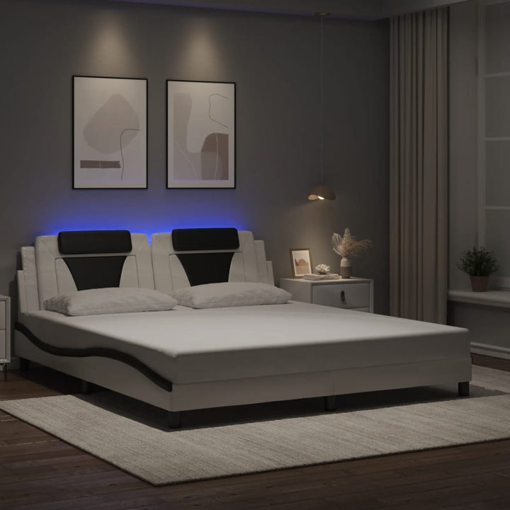 Cadru De Pat Cu Lumini Led Alb/Negru Piele Ecologică