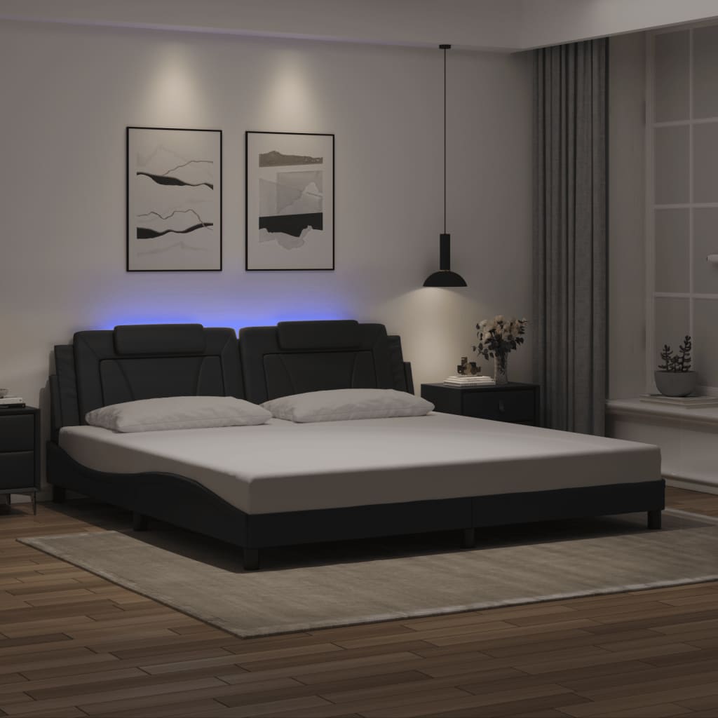 Cadru De Pat Cu Lumini Led Alb/Negru Piele Ecologică