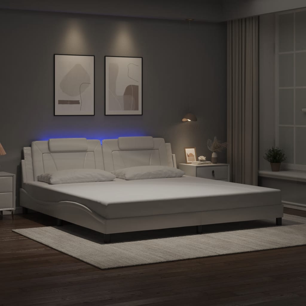 Cadru De Pat Cu Lumini Led Alb/Negru Piele Ecologică