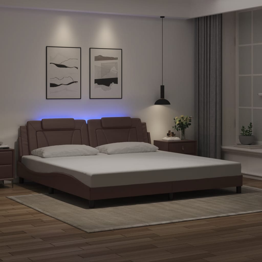 Cadru De Pat Cu Lumini Led Alb/Negru Piele Ecologică